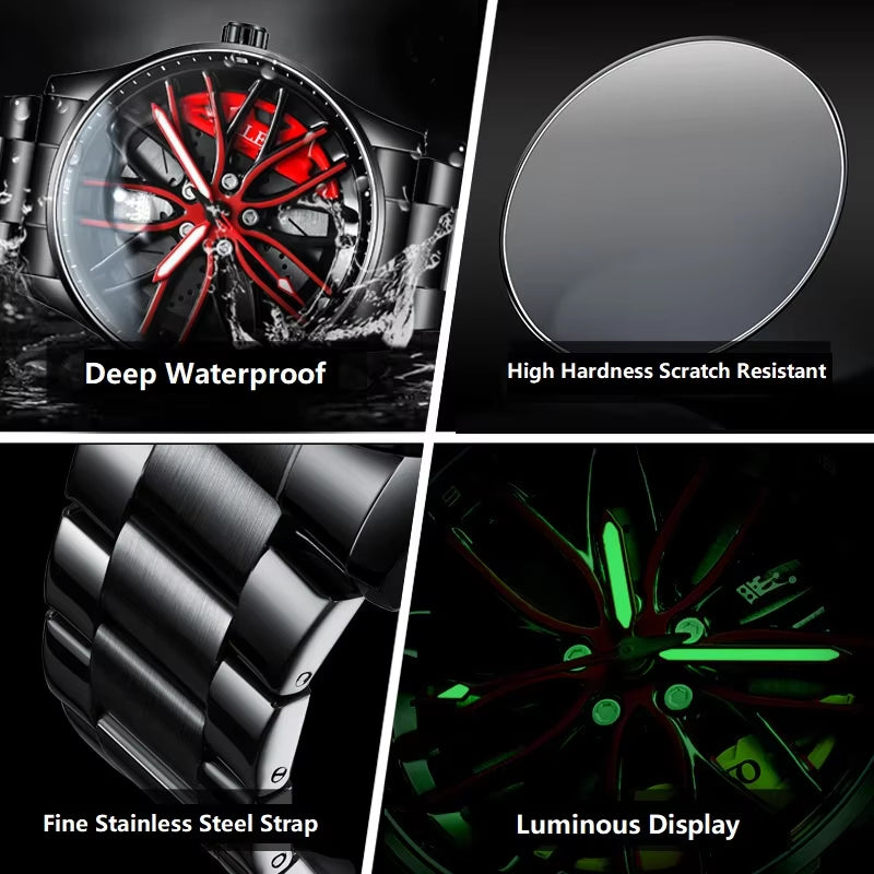 9937 Car Wheel Design High Quality Waterproof Watch for Men Sport Quartz Stainless Steel Strap Hub Wristwatch Luminous